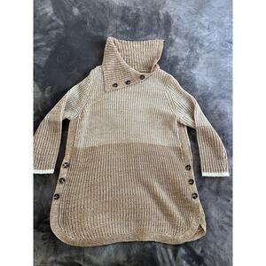 Women's Knit Sweater Dress Beige White Button Accent Long Sleeve